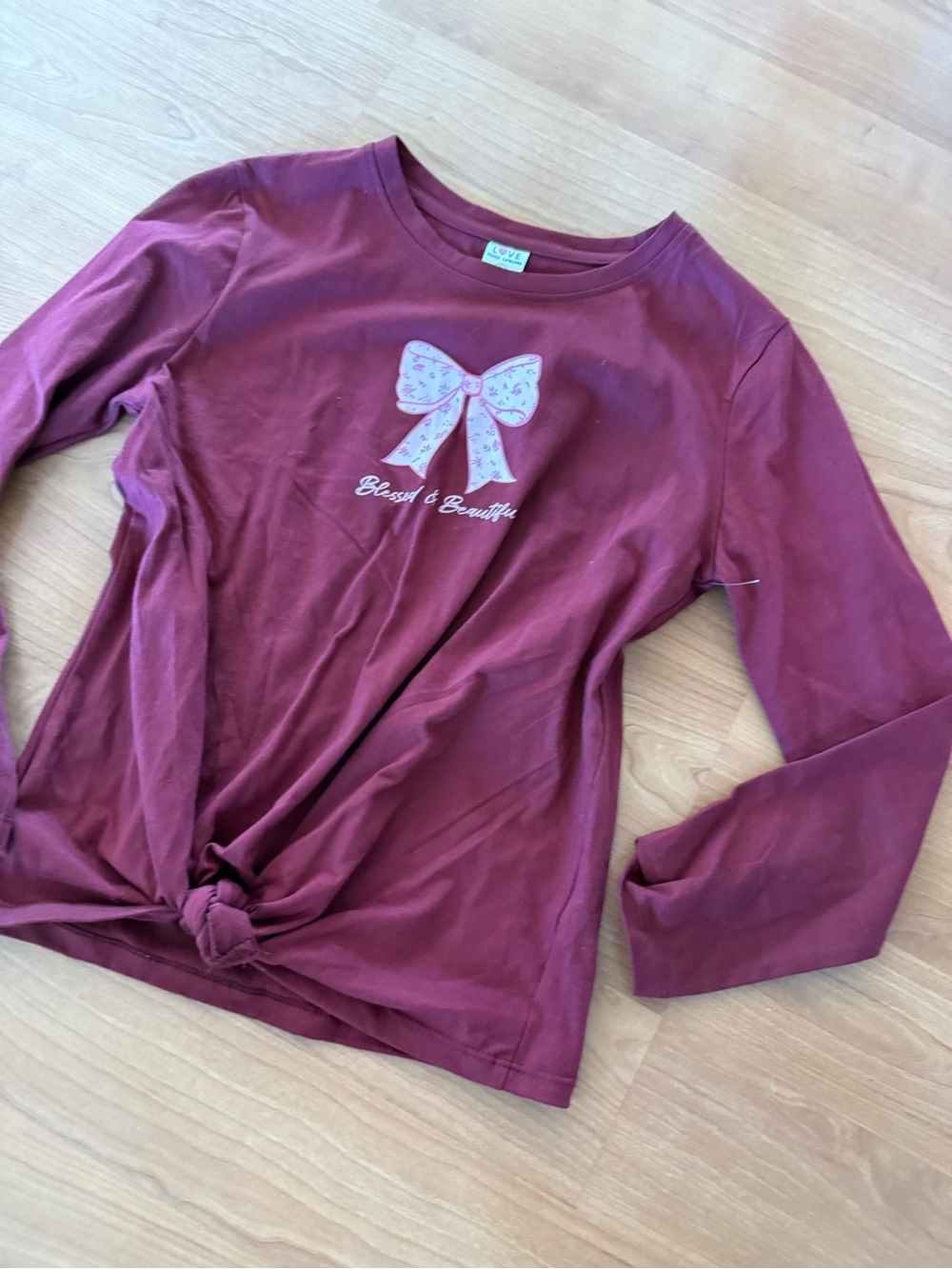 Brand New Kids Long-Sleeve Maroon Shirt with Bow Graphic